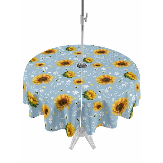 Outdoor Tablecloth with Umbrella Hole and Zipper, Blue Yellow Sunflower Round Table Cloth 60 Inch Waterproof Tablecloth, Summer Botanical Farmhouse Floral Picnic Table Cover for Patio Camping