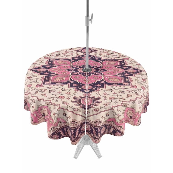 Outdoor Tablecloth with Umbrella Hole Zipper Bohemia Round Tablecloth 60" Waterproof Outside Table Cloth Retro Geometric Aztec Ethnic Tribal Print Pink Patio Table Cover Tablecloths for Picnic Party