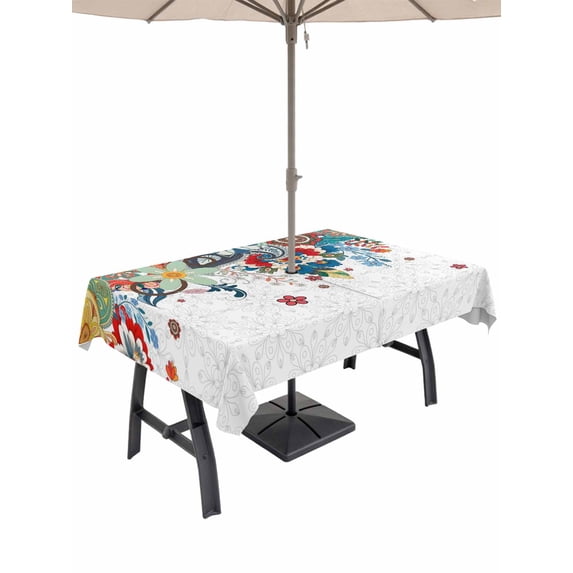 Outdoor Tablecloth with Umbrella Hole and Zipper, Bohemian Floral Rectangle Table Cloth 60x120 Inch Waterproof Tablecloth, Retro Abstract Flowers Boho Ethnic Picnic Table Cover for Patio Camping
