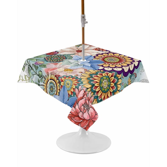 Outdoor Tablecloth with Umbrella Hole and Zipper Bohemian Floral Square Tablecloths 54x54 Inch Waterproof Table Cloths Boho Flowers Colorful Plant Patio Table Cover for Picnic BBQS Party