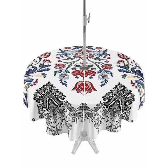 Outdoor Tablecloth with Umbrella Hole Zipper Boho Aztec Round Tablecloth 54" Waterproof Outside Table Cloth Ethnic Southwest Tribe Geometric Stripes Patio Table Cover Tablecloths for Picnic Party