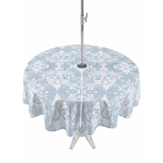 Outdoor Tablecloth with Umbrella Hole Zipper Boho Blue Floral Round Tablecloth 60" Waterproof Outside Table Cloth Country Ethnic Abstract Flower Pattern Patio Table Cover Tablecloths for Picnic Party