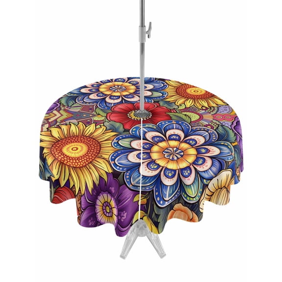 Outdoor Tablecloth with Umbrella Hole and Zipper, Boho Blue Flower Round Table Cloth 54 Inch Waterproof Tablecloth, Spring Bohemia Chic Red Yellow Floral Picnic Table Cover for Patio Camping