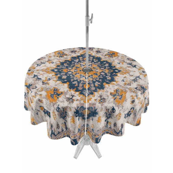 Outdoor Tablecloth with Umbrella Hole Zipper Boho Chic Ethnic Round Tablecloth 60" Waterproof Outside Table Cloth Orange Blue Vintage Tribes Patio Table Cover Tablecloths for Picnic Party