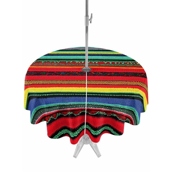 Outdoor Tablecloth with Umbrella Hole Zipper Boho Colored Stripes Round Tablecloth 54" Waterproof Outside Table Cloth Vintage Green Red Blue Tribal Patio Table Cover Tablecloths for Picnic Party