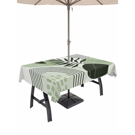Outdoor Tablecloth with Umbrella Hole and Zipper, Boho Geometric Rectangle Table Cloth 60x120 Inch Waterproof Tablecloth, Farmhouse Green Abstract Stripes Leaves Picnic Table Cover for Patio Camping