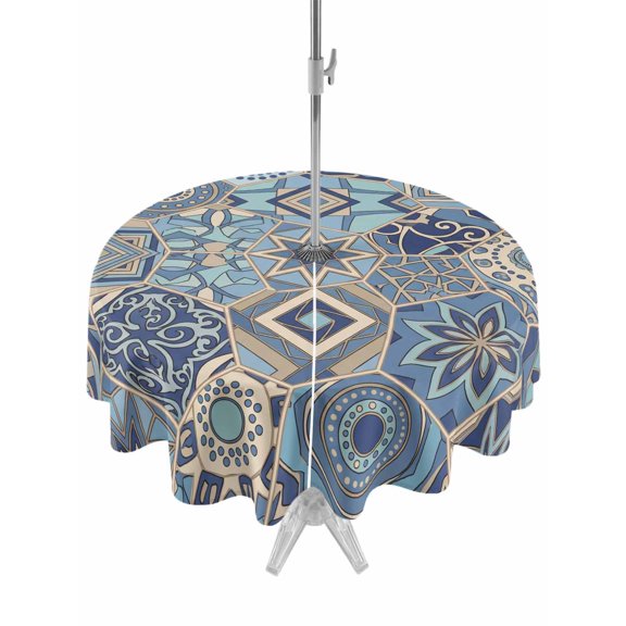 Outdoor Tablecloth with Umbrella Hole and Zipper, Boho Geometric Round Table Cloth 54 Inch Waterproof Tablecloth, Country Tribe Abstract Ethnic Aesthetic Picnic Table Cover for Patio Camping