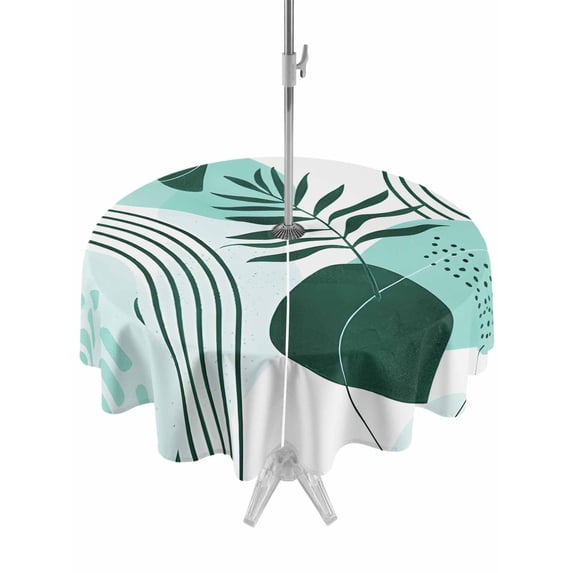 Outdoor Tablecloth with Umbrella Hole and Zipper, Boho Geometric Round Table Cloth 60 Inch Waterproof Tablecloth, Aqua Ethnic Abstract Stripes Leaves Picnic Table Cover for Patio Camping