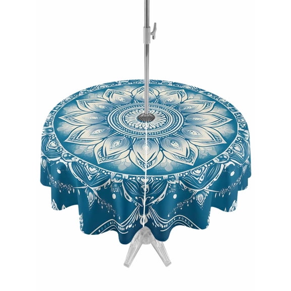 Outdoor Tablecloth with Umbrella Hole and Zipper, Boho Retro Tribal Blue Floral Round Waterproof Table Cover 60in Washable Table Cloth for Patio Picnic Party Abstract Ethnic Theme