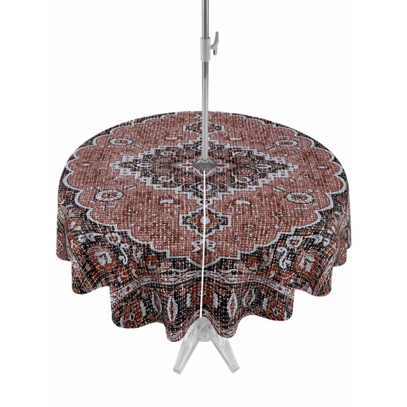 Outdoor Tablecloth with Umbrella Hole and Zipper, Boho Southwest Round Table Cloth 54 Inch Waterproof Tablecloth, Aztec Tribe Abstract Geometric Patterned Picnic Table Cover for Patio Camping