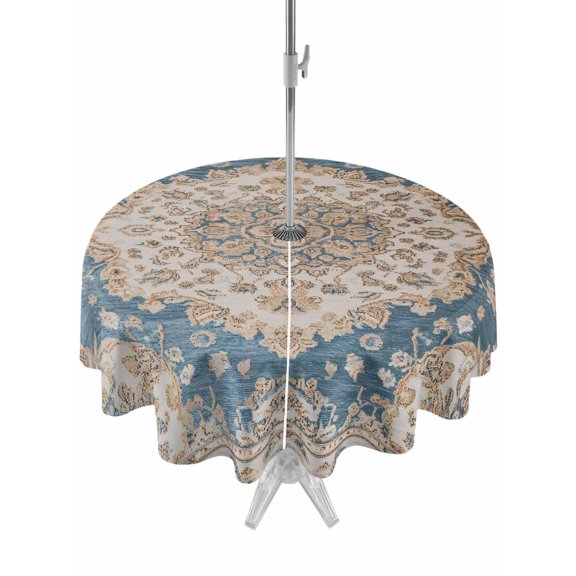 Outdoor Tablecloth with Umbrella Hole Zipper Boho Southwest Round Tablecloth 54" Waterproof Outside Table Cloth Farmhouse Aztec Tribe Ethnic Motifs Patio Table Cover Tablecloths for Picnic Party