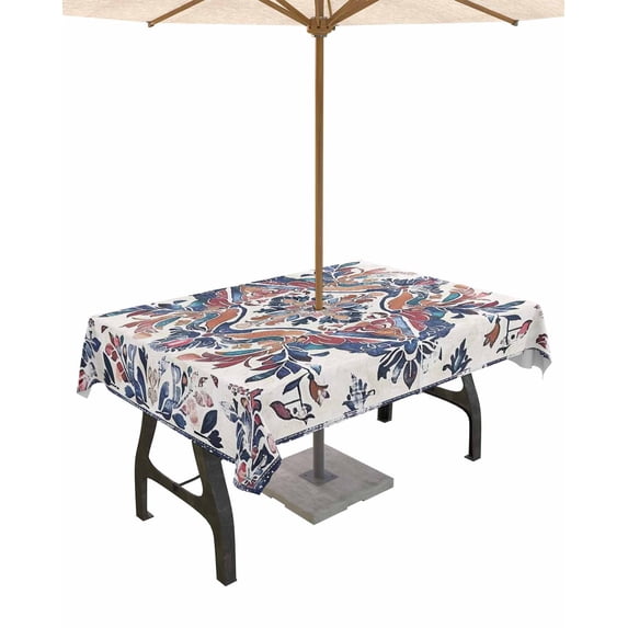 Outdoor Tablecloth with Umbrella Hole Zipper,Boho Vintage Floral Pattern Ethnic Waterproof Zippered Table Cloth for Rectangle Tables,Watercolor Flowers Leaves Patio Table Covers for Indoor Pinic