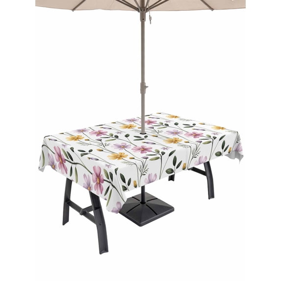 Outdoor Tablecloth with Umbrella Hole and Zipper, Botanical Floral Rectangle Table Cloth 54x80 Inch Waterproof Tablecloth, Watercolor Flower Leaves Branches Picnic Table Cover for Patio Camping