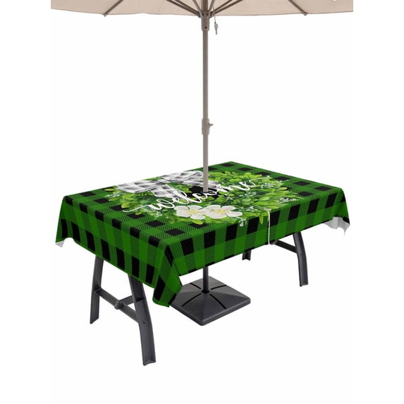 Outdoor Tablecloth with Umbrella Hole and Zipper, Botanical Flower Wreath Rectangle Table Cloth 54x80 Inch Waterproof Tablecloth, Rustic Bow-Knot Green Black Plaid Picnic Table Cover for Patio