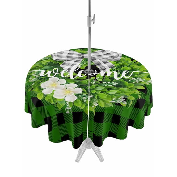 Outdoor Tablecloth with Umbrella Hole and Zipper, Botanical Flower Wreath Round Table Cloth 54 Inch Waterproof Tablecloth, Rustic Bow-Knot Green Black Plaid Picnic Table Cover for Patio Camping
