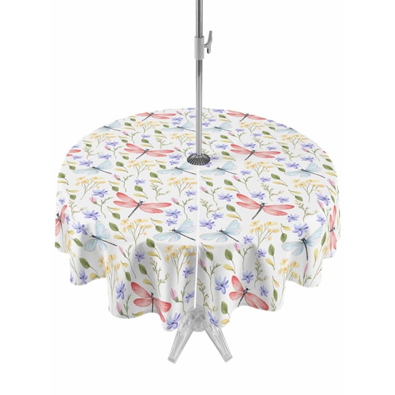 Outdoor Tablecloth with Umbrella Hole Zipper Botanical Flowers Round Tablecloth 60" Waterproof Outside Table Cloth Spring Pink Dragonfly Pastoral Patio Table Cover Tablecloths for Picnic Party