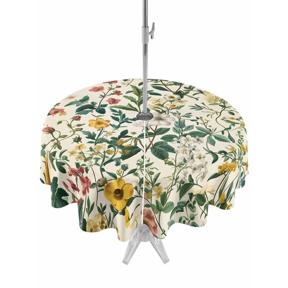 Outdoor Tablecloth with Umbrella Hole Zipper Botanical Print Round Tablecloth 60" Waterproof Outside Table Cloth Vintage Plants Herbs Fruit Flower Patio Table Cover Tablecloths for Picnic Party