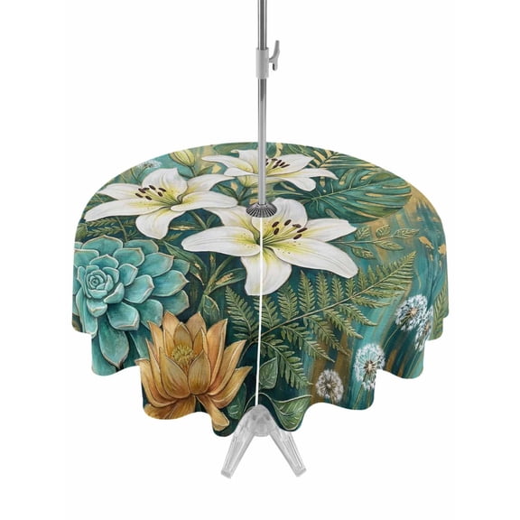 Outdoor Tablecloth with Umbrella Hole Zipper Bronze Botanical Round Tablecloth 54" Waterproof Outside Table Cloth Summer Tropical Palm Tree Lily Floral Patio Table Cover Tablecloths for Picnic Party