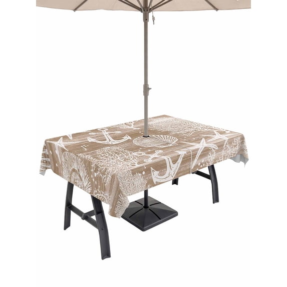 Outdoor Tablecloth with Umbrella Hole & Zipper, Brown Anchor Nautical Rectangle Tablecloth 60x120 Inch, Coastal Beach Coral Starfish Patio Table Cover Waterproof Table Cloth for Picnic/Party