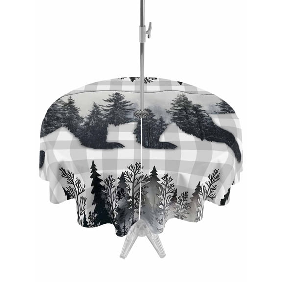 Outdoor Tablecloth with Umbrella Hole Zipper Brown Bear Cabin Round Tablecloth 54" Waterproof Outside Table Cloth Vintage Pine Tree Grey Buffalo Plaid Patio Table Cover Tablecloths for Picnic Party