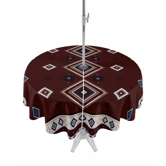 Outdoor Tablecloth with Umbrella Hole and Zipper, Brown Boho Round Table Cloth 54 Inch Waterproof Tablecloth, Retro Farmhouse Abstract Geometric Ethnic Art Picnic Table Cover for Patio Camping