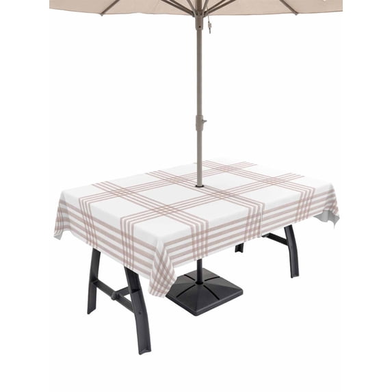 Outdoor Tablecloth with Umbrella Hole & Zipper, Brown Buffalo Plaid Rectangle Tablecloth 60x84 Inch, Farmhouse Checkered Watercolor Patio Table Cover Waterproof Table Cloth for Picnic/Party