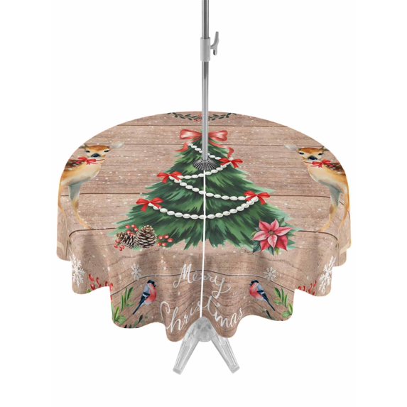 Outdoor Tablecloth with Umbrella Hole and Zipper, Brown Christmas Round Table Cloth 54 Inch Waterproof Tablecloth, Xmas Tree Deer Poinsettia Bird Winter Snow Picnic Table Cover for Patio Camping