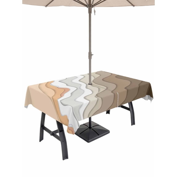 Outdoor Tablecloth with Umbrella Hole and Zipper, Brown Coastal Beach Waterproof Patio Tablecloth for Dining 52''x70'', Retro Farmhouse Ocean Waves Striped Wipeable Table Cover for Picnic BBQ Party