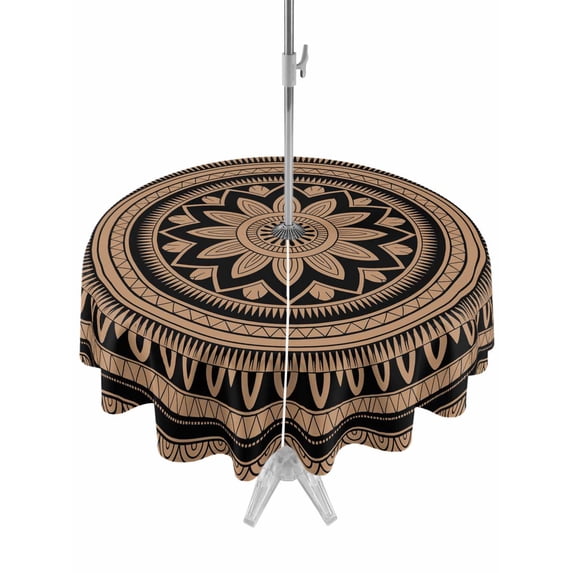 Outdoor Tablecloth with Umbrella Hole and Zipper, Brown Ethnic Flower Round Table Cloth 54 Inch Waterproof Tablecloth, Abstract National Boho Geometric Picnic Table Cover for Patio Camping