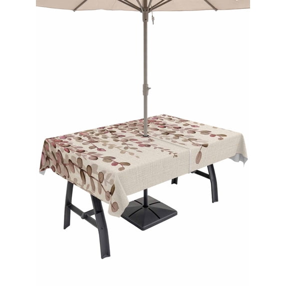 Outdoor Tablecloth with Umbrella Hole and Zipper, Brown Eucalyptus Leaves Rectangle Table Cloth 54x80 Inch Waterproof Tablecloth, Spring Leaves Plants Country Beige Picnic Table Cover for Patio