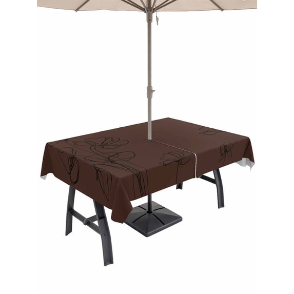 Outdoor Tablecloth with Umbrella Hole and Zipper, Brown Flowers Rectangle Table Cloth 52x70 Inch Waterproof Tablecloth, Japanese Abstract Floral Plants Simple Art Picnic Table Cover for Patio Camping