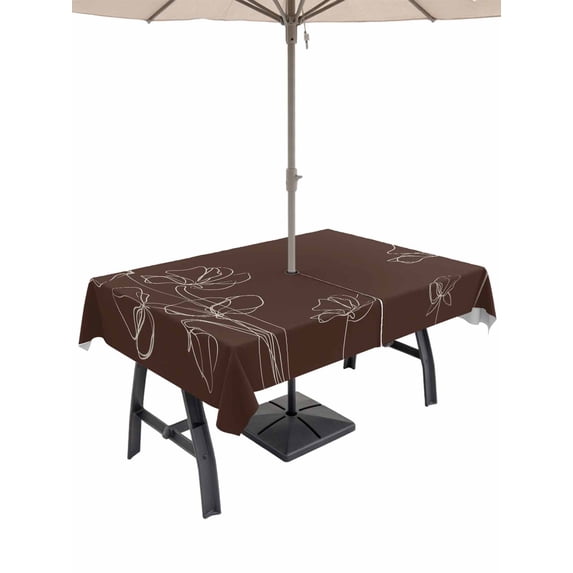 Outdoor Tablecloth with Umbrella Hole and Zipper, Brown Flowers Rectangle Table Cloth 54x80 Inch Waterproof Tablecloth, Pastoral Abstract Floral Minimalist Art Picnic Table Cover for Patio Camping