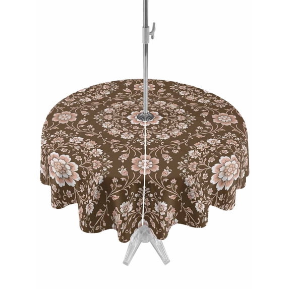 Outdoor Tablecloth with Umbrella Hole Zipper Brown Flowers Round Tablecloth 60" Waterproof Outside Table Cloth Spring Floral Farmhouse Art Patio Table Cover Tablecloths for Picnic Party