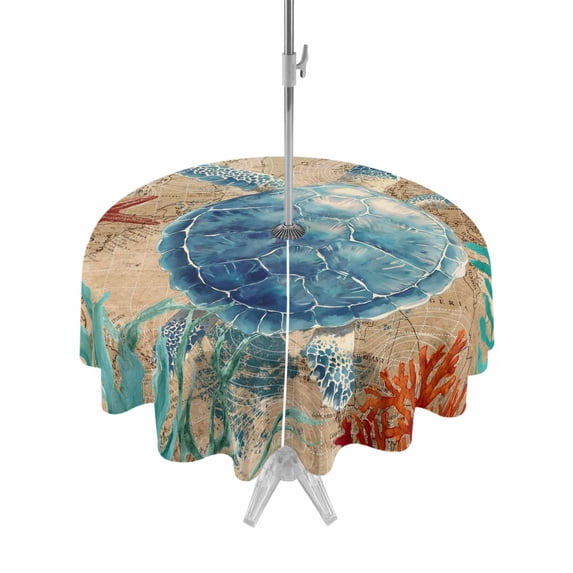Outdoor Tablecloth with Umbrella Hole Zipper Brown Sea Turtle Coastal Round Tablecloth 54" Waterproof Outside Table Cloth Nautical Coral Ocean Vintage Patio Table Cover Tablecloths for Picnic Party