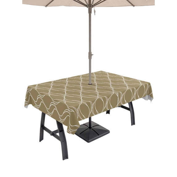 Outdoor Tablecloth with Umbrella Hole and Zipper, Brown Stripes Rectangle Table Cloth 60x84 Inch Waterproof Tablecloth, Simple Geometric Modern Monochrome Picnic Table Cover for Patio Camping