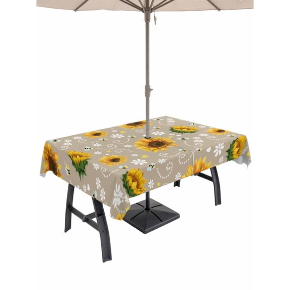 Outdoor Tablecloth with Umbrella Hole and Zipper, Brown Yellow Sunflower Rectangle Table Cloth 60x84 Inch Waterproof Tablecloth, Summer Botanical Farmhouse Floral Picnic Table Cover for Patio Camping