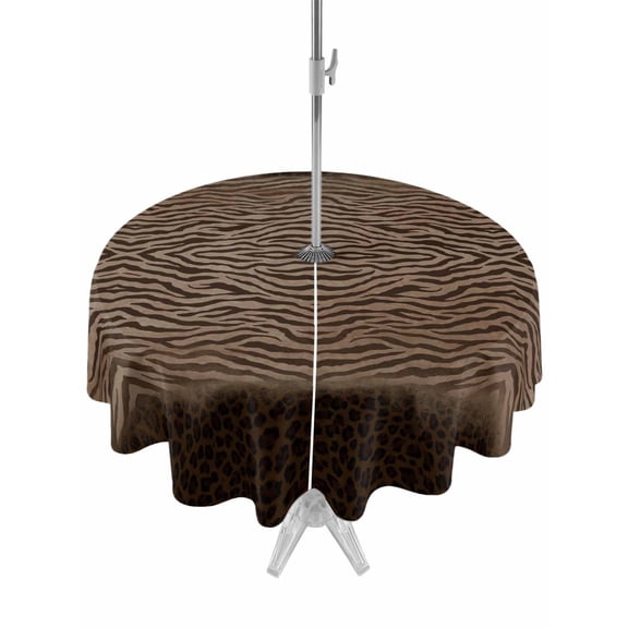 Outdoor Tablecloth with Umbrella Hole and Zipper, Brown Zebras Striped Waterproof Patio Tablecloth for Dining Round 54'', Vintage Animal Skin Print Wipeable Table Cover for Picnic BBQ Party Patio