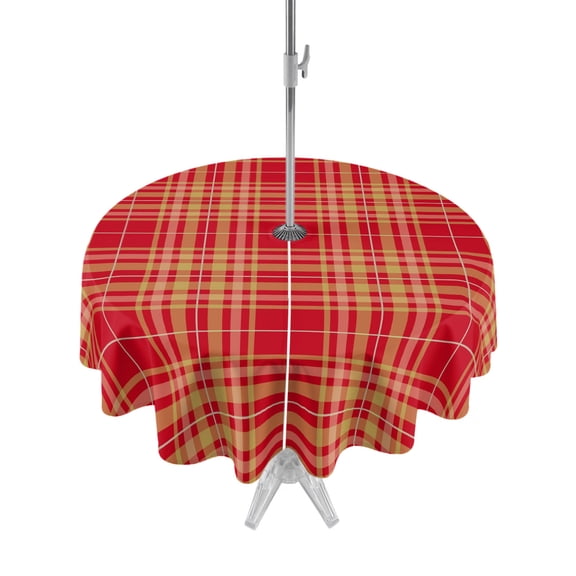 Outdoor Tablecloth with Umbrella Hole Zipper Buffalo Plaid Round Tablecloth 60" Waterproof Outside Table Cloth Amber Orange Farmhouse Gingham Striped Patio Table Cover Tablecloths for Picnic Party