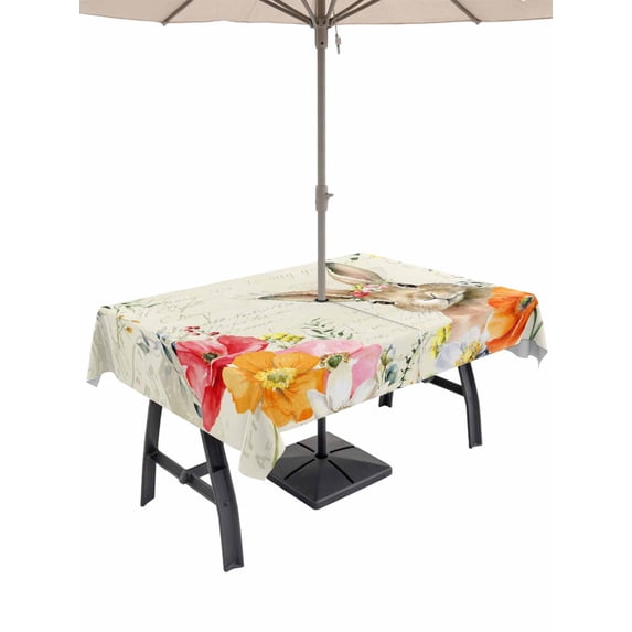 Outdoor Tablecloth with Umbrella Hole and Zipper, Bunny Easter Rectangle Table Cloth 52x70 Inch Waterproof Tablecloth, Pastoral Spring Floral Elegant Picnic Table Cover for Patio Camping