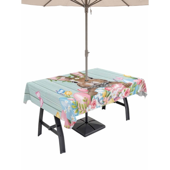 Outdoor Tablecloth with Umbrella Hole and Zipper, Bunny Easter Rectangle Table Cloth 52x70 Inch Waterproof Tablecloth, Pink Blue Eggs Tulips Floral Rabbit Wooden Picnic Table Cover for Patio Camping