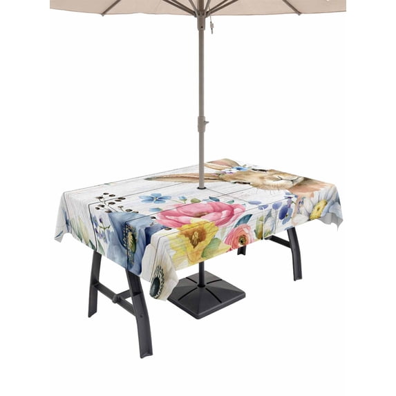 Outdoor Tablecloth with Umbrella Hole and Zipper, Bunny Easter Rectangle Table Cloth 52x70 Inch Waterproof Tablecloth, Spring Floral Blue Eucalyptus Leaves Wooden Picnic Table Cover for Patio Camping
