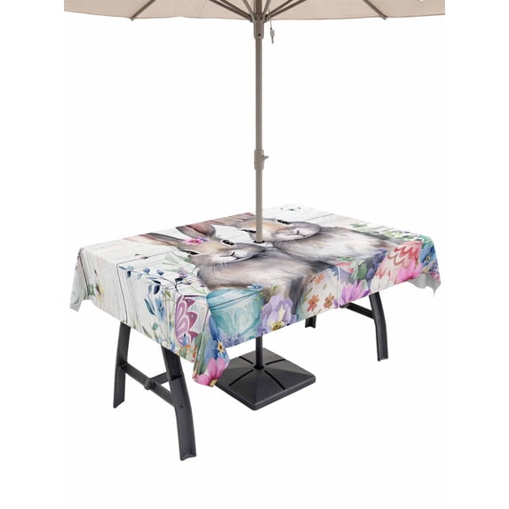 Outdoor Tablecloth with Umbrella Hole and Zipper, Bunny Easter Rectangle Table Cloth 54x80 Inch Waterproof Tablecloth, Eucalyptus Leaves Spring Floral Eggs Wooden Picnic Table Cover for Patio Camping