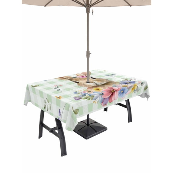Outdoor Tablecloth with Umbrella Hole and Zipper, Bunny Easter Rectangle Table Cloth 54x80 Inch Waterproof Tablecloth, Green Plaid Spring Floral Pastoral Picnic Table Cover for Patio Camping