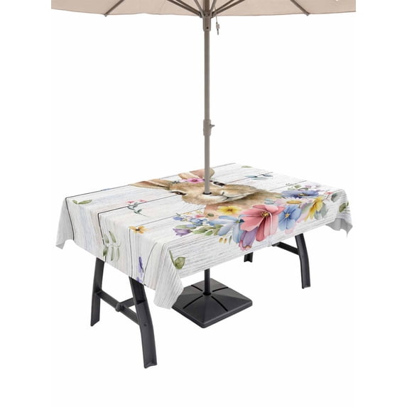 Outdoor Tablecloth with Umbrella Hole and Zipper, Bunny Easter Rectangle Table Cloth 54x80 Inch Waterproof Tablecloth, Spring Floral Pastoral Wooden Picnic Table Cover for Patio Camping