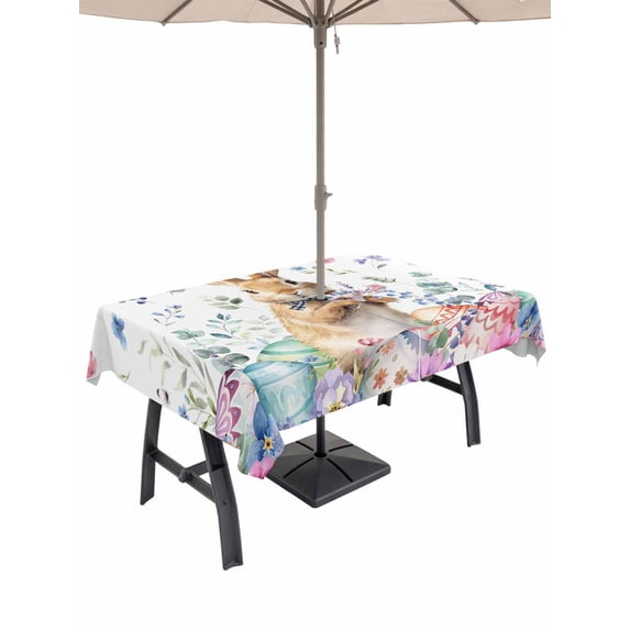 Outdoor Tablecloth with Umbrella Hole and Zipper, Bunny Easter Rectangle Table Cloth 54x80 Inch Waterproof Tablecloth, Spring Floral Rabbits Eggs Farmhouse Picnic Table Cover for Patio Camping