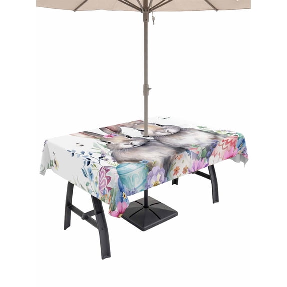 Outdoor Tablecloth with Umbrella Hole and Zipper, Bunny Easter Rectangle Table Cloth 60x102 Inch Waterproof Tablecloth, Eucalyptus Leaves Spring Floral Eggs Weeping Picnic Table Cover for Patio