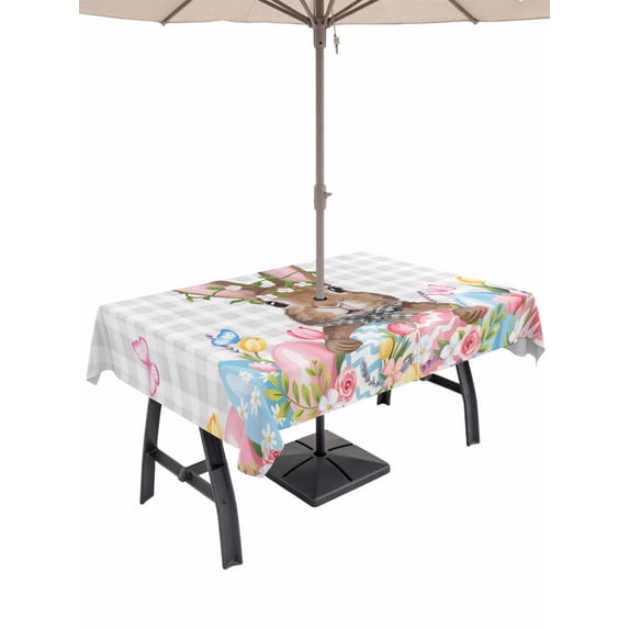 Outdoor Tablecloth with Umbrella Hole and Zipper, Bunny Easter Rectangle Table Cloth 60x102 Inch Waterproof Tablecloth, Pink Floral Eggs Farmhouse Checkered Picnic Table Cover for Patio Camping