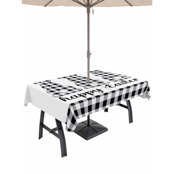 Outdoor Tablecloth with Umbrella Hole and Zipper, Bunny Easter Rectangle Table Cloth 60x84 Inch Waterproof Tablecloth, Black White Plaid Rabbits Picnic Table Cover for Patio Camping