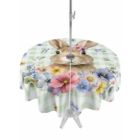 Outdoor Tablecloth with Umbrella Hole and Zipper, Bunny Easter Round Table Cloth 54 Inch Waterproof Tablecloth, Green Plaid Spring Floral Pastoral Picnic Table Cover for Patio Camping