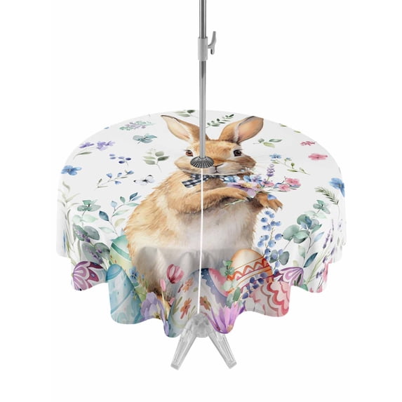 Outdoor Tablecloth with Umbrella Hole and Zipper, Bunny Easter Round Table Cloth 54 Inch Waterproof Tablecloth, Spring Floral Rabbits Eggs Farmhouse Picnic Table Cover for Patio Camping